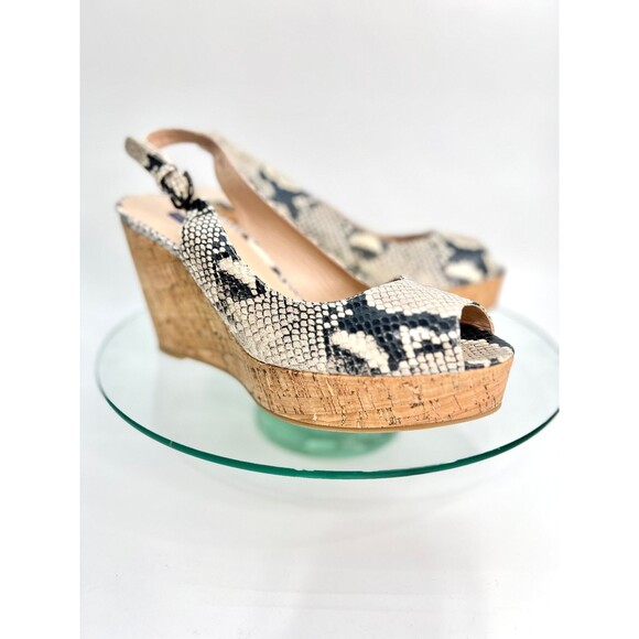 Stuart Weitzman Jean Slingback Wedge Sandals Cork Snake Print Peep Toe - Picture 1 of 10